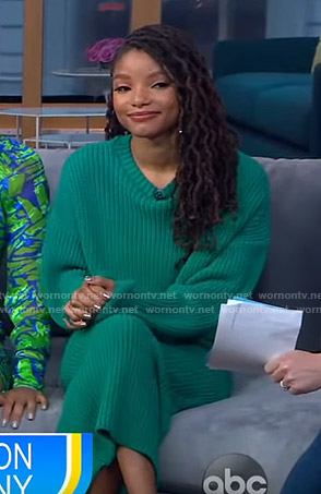 Halle Bailey’s green ribbed sweater and skirt on GMA Day