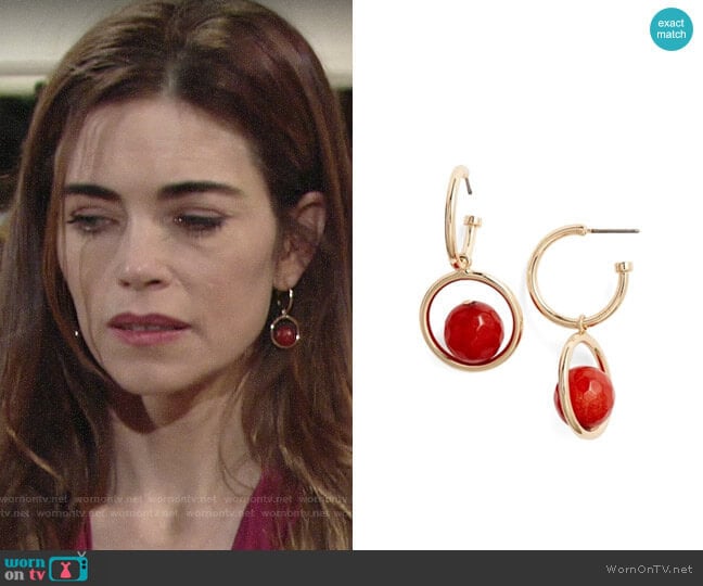 Halogen Stone Drop Hoop Earrings worn by Victoria Newman (Amelia Heinle) on The Young and the Restless