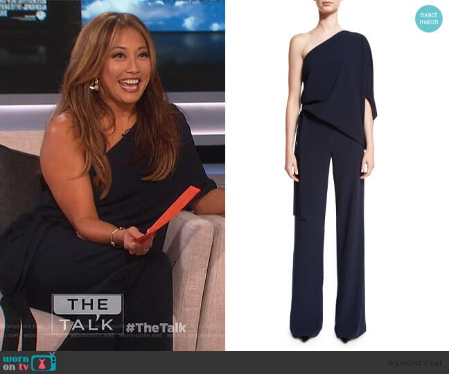 One-Shoulder Draped Stretch Crepe Jumpsuit by Halston Heritage worn by Carrie Inaba on The Talk