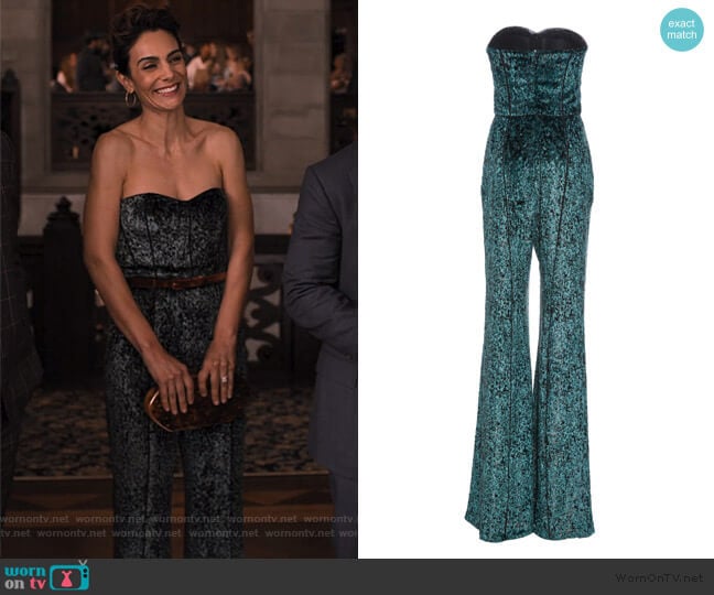 Strapless Printed Velvet Jumpsuit by J. Mendel worn by Samantha Delmonico (Annie Parisse) on Friends from College