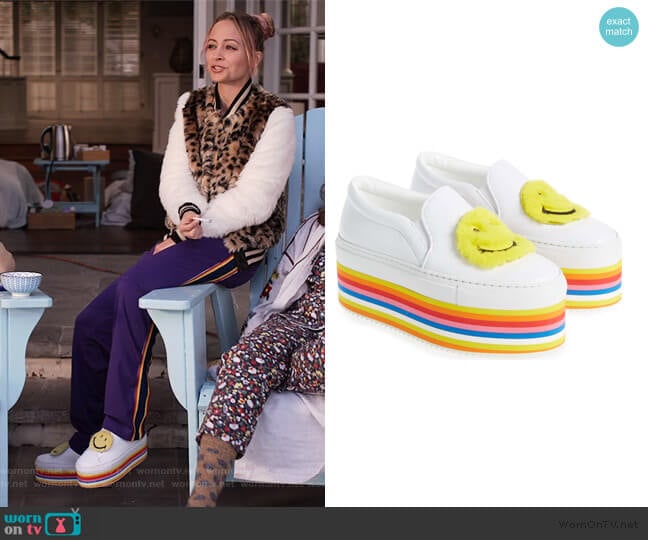 Smile Genuine Rabbit Fur Platform Slip-On Sneaker by Joshua Sanders worn by Nicole Richie on Grace and Frankie