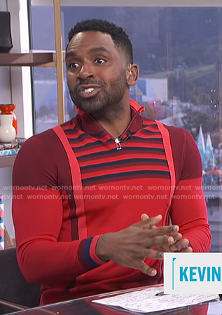 Justin's red colorblock quarter-zip sweater on E! News Daily Pop