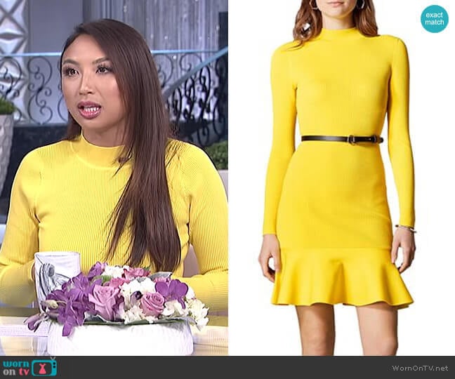 Belted Rib-Knit Dress by Karen Millen worn by Jeannie Mai on The Real