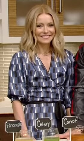 Kelly’s blue geometric print wrap dress on Live with Kelly and Ryan