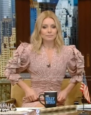 Kelly’s pink printed ruffled mini dress on Live with Kelly and Ryan