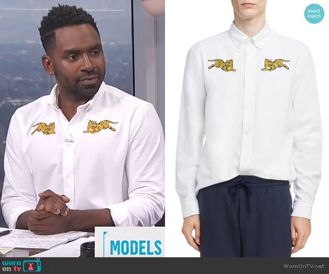 Jumping Tiger Crest Woven Shirt by Kenzo worn by Justin Sylvester on E! News