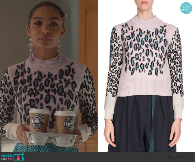 Leopard-Print Wool Pullover Sweater by Kenzo worn by Zoey Johnson (Yara Shahidi) on Grown-ish