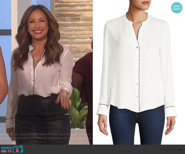 Tegan Piped Trim Blouse by L'Agence worn by Carrie Inaba on The Talk