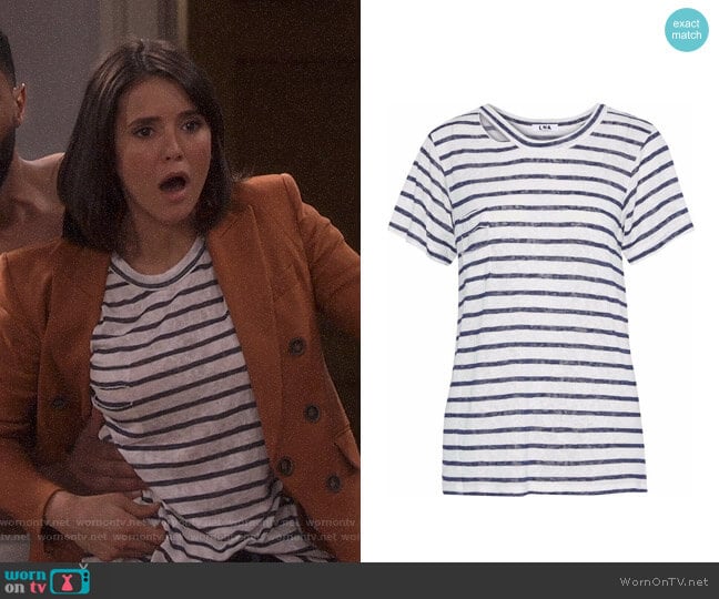 Iles Cutout Striped T-shirt by LNA worn by Clem (Nina Dobrev) on Fam