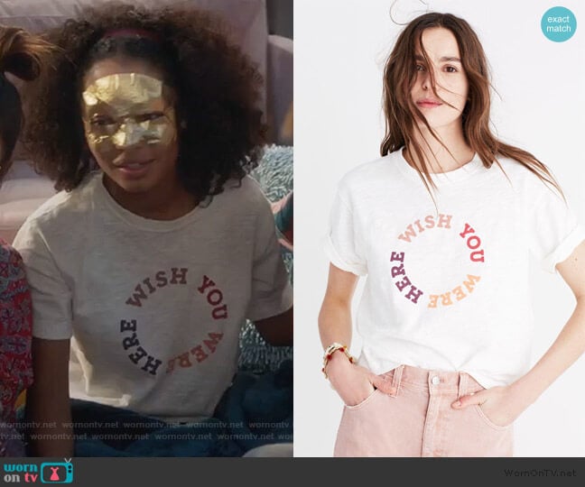 Wish You Were Here Print Tee by Madwell worn by Zoey Johnson (Yara Shahidi) on Grown-ish