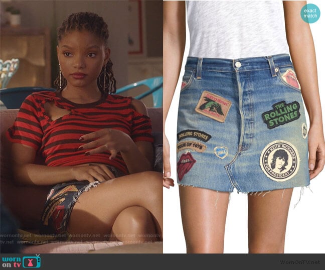 Rolling Stones Denim Mini Skirt by Madeworn worn by Skylar Forster (Halle Bailey) on Grown-ish