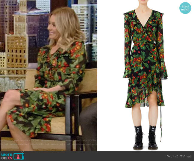 Fruit Print Ruffle Wrap Dress by Marc Jacobs worn by Kelly Ripa on Live with Kelly and Ryan