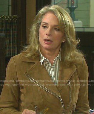 Marlena’s striped blouse and suede moto jacket on Days of our Lives