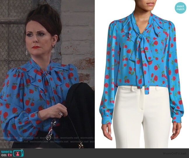 Tie-Neck Scattered Rose-Print Silk Georgette Blouse by Michael Kors worn by Karen Walker (Megan Mullally) on Will and Grace