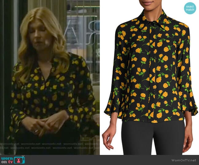 Scattered Roses Silk Flare-Sleeve Blouse by Michael Kors Collection worn by Debra Newell (Connie Britton) on Dirty John