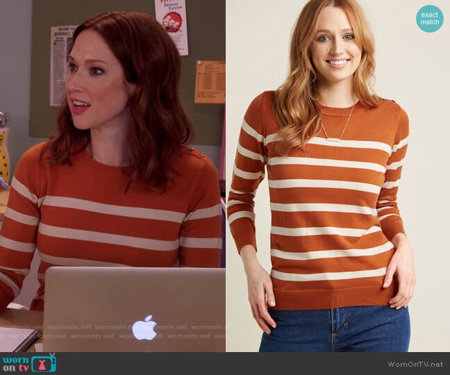 Charter School Pullover Sweater in Striped Orange by Modcloth worn by Kimmy Schmidt (Ellie Kemper) on Unbreakable Kimmy Schmidt