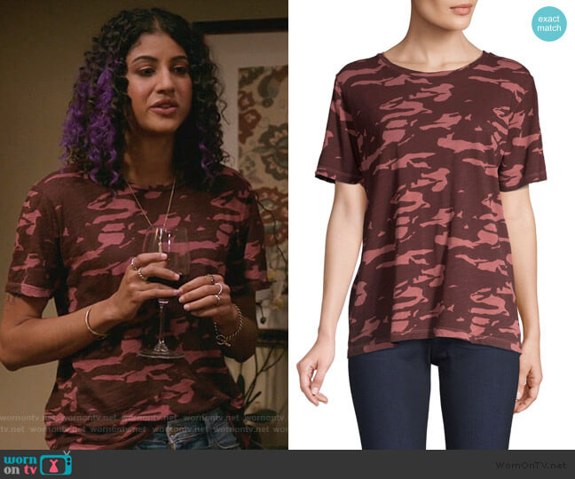 Two-Tone Cotton Camo Tee by Monrow worn by Heather Davis (Vella Lovell) on Crazy Ex-Girlfriend