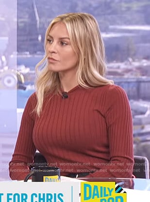 Morgan’s red ribbed sweater on E! News Daily Pop