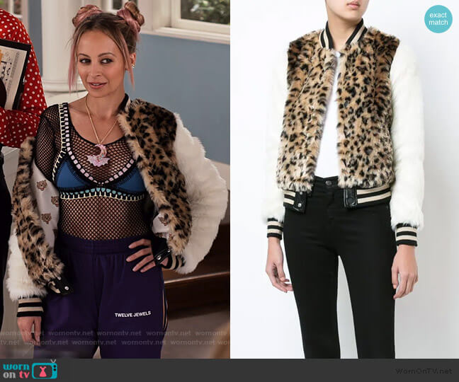 leopard print faux fur bomber jacket by Mother worn by Nicole Richie on Grace and Frankie