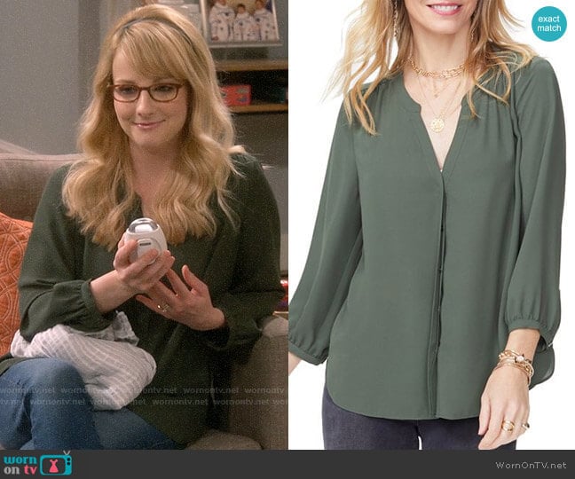 NYDJ Pintuck-Back Blouse in Sugar Pine worn by Bernadette Rostenkowski (Melissa Rauch) on The Big Bang Theory