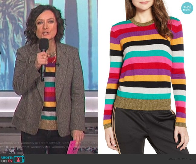 Metallic-Trim Rainbow-Stripe Sweater by Pam & Gela worn by Sara Gilbert on The Talk