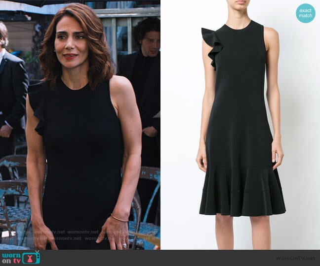 Sam’s black ruffle shoulder dress on Friends from College