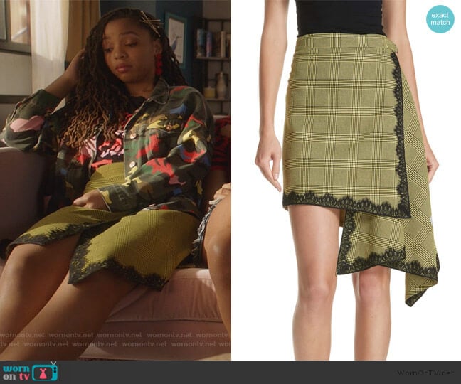 Lace Trim Plaid Skirt by Robert Rodriguez worn by Jazlyn Forster (Chloe Bailey) on Grown-ish