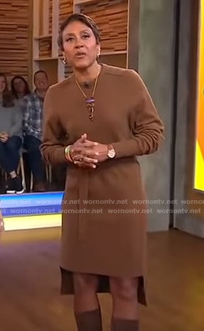 Robin’s brown belted knitted dress on Good Morning America