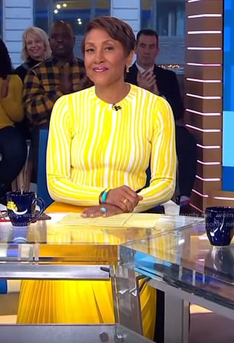 Robin’s yellow striped sweater and pleated skirt on Good Morning America