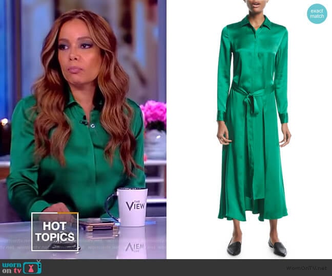 Long Apron-Wrap Crepe Back Satin Shirtdress worn by Sunny Hostin on The View