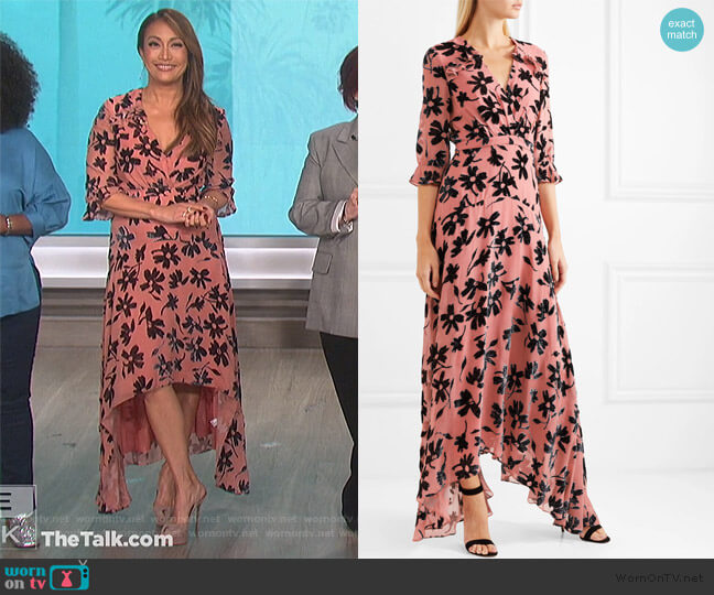 Edith ruffled flocked chiffon maxi dress by Saloni worn by Carrie Inaba  on The Talk