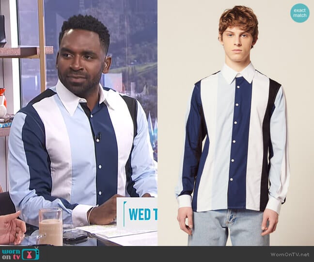 Shirt with Multicolored Stripes by Sandro worn by Justin Sylvester on E! News