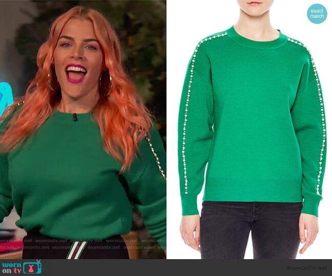 Wool-Blend Embellished Crewneck Sweater by Sandro worn by Busy Philipps on Busy Tonight