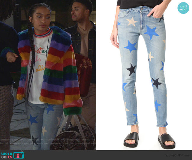 Skinny Boyfriend Star Print Jeans by Stella McCartney worn by Zoey Johnson (Yara Shahidi) on Grown-ish
