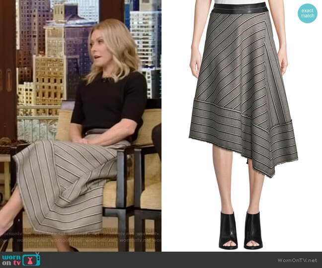 Striped Basketweave Asymmetric Midi Skirt by Helmut Lang worn by Kelly Ripa on Live with Kelly and Mark