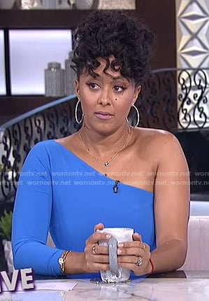 Tamera’s blue one-sleeve dress on The Real