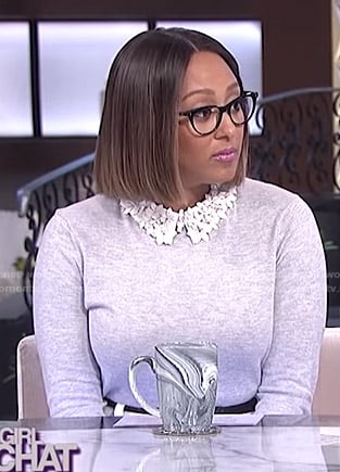 Tamera’s grey sweater with floral collar on The Real