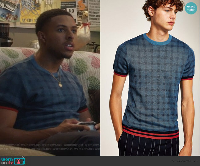 Blue Check Tipping Sweater by Topman worn by Douglas Edwards (Diggy Simmons) on Grown-ish