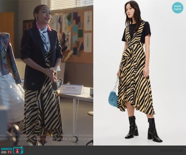 Zebra Print Pinafore Dress by Topshop worn by Zoey Johnson (Yara Shahidi) on Grown-ish