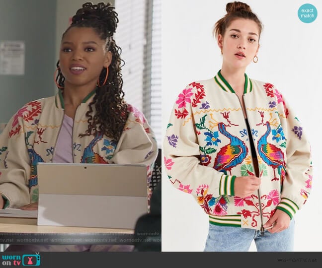 Peacock Paradise Cross-Stitch Bomber Jacket by Urban Outfitters worn by Jazlyn Forster (Chloe Bailey) on Grown-ish