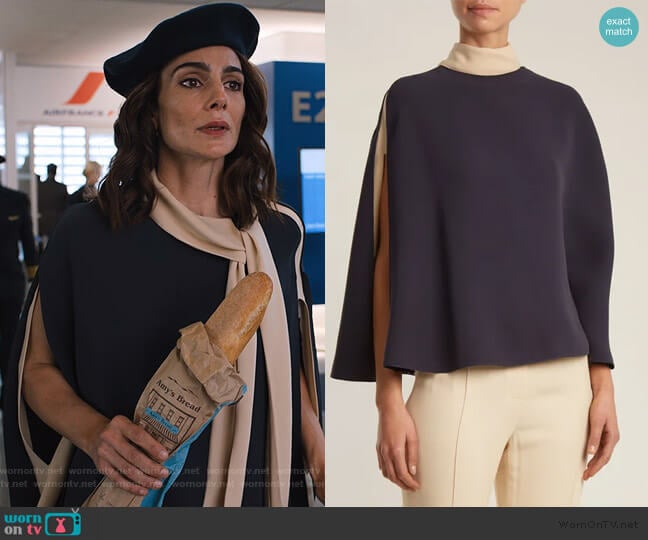 Cape-sleeve tie-neck silk-crepe blouse by Valentino worn by Samantha Delmonico (Annie Parisse) on Friends from College