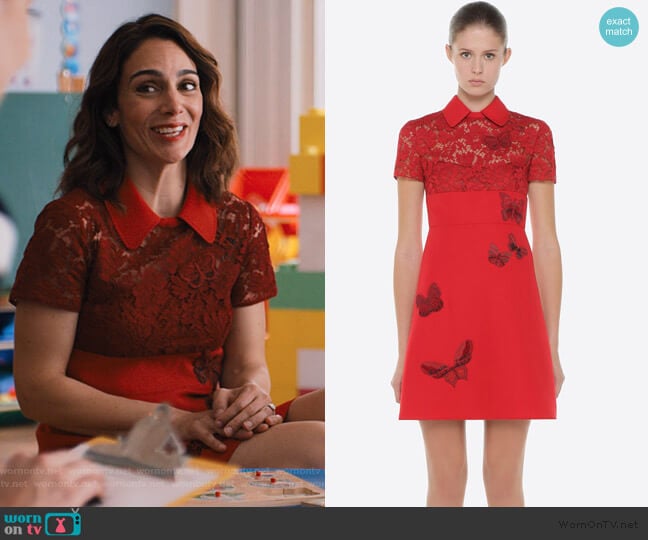 Sam’s red lace butterfly embroidered dress on Friends from College