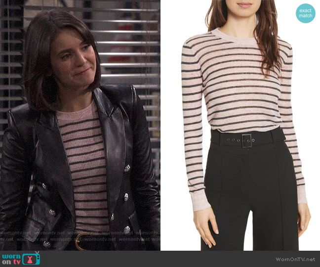 WornOnTV: Clem’s pink striped sweater and leather jacket on Fam | Nina ...
