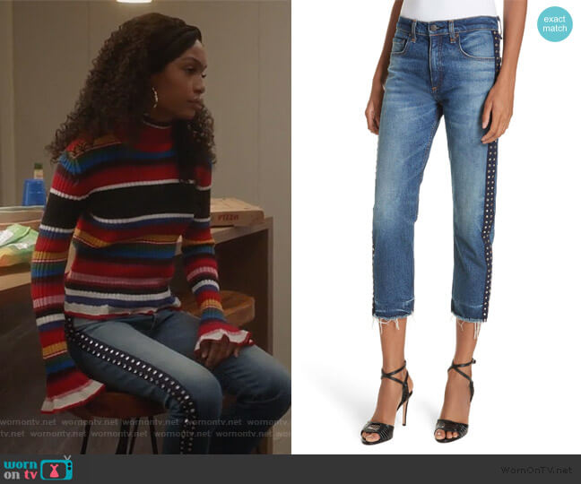 Ines Rhinestone Side Stripe Girlfriend Jeans by Veronica Beard worn by Zoey Johnson (Yara Shahidi) on Grown-ish