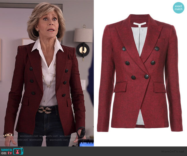 Miller double breasted jacket by Veronica Beard worn by Grace (Jane Fonda) on Grace and Frankie