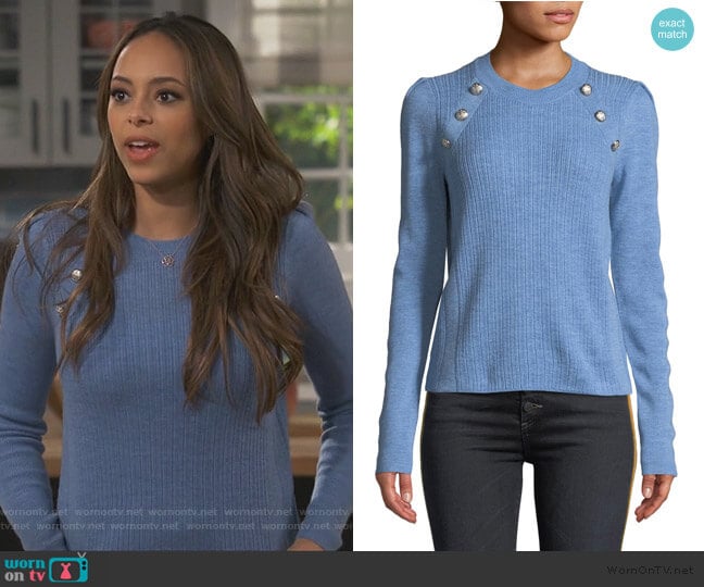 Claire’s blue button detail sweater on Happy Together