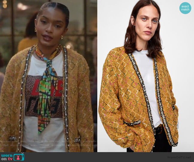 Tweed Jacket with Faux Pearls by Zara worn by Zoey Johnson (Yara Shahidi) on Grown-ish