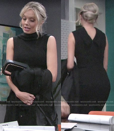 Abby’s black folded neck dress and pearl earrings on The Young and the Restless
