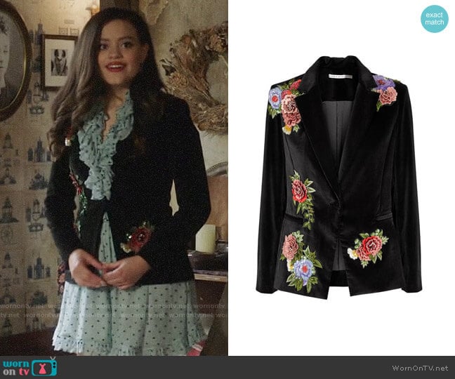 Alice + Olivia Hix Embellished Vevlet Blazer worn by Maggie Vera (Sarah Jeffery) on Charmed