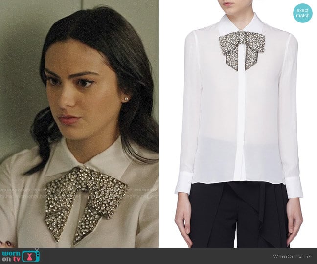 Alice + Olivia Willa Shirt with Embellished Bow worn by Veronica Lodge (Camila Mendes) on Riverdale